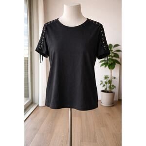 IRO Stepo Black Linen Lace Up Shoulder Tee Shirt Women’s XS Portugal Grommet Top